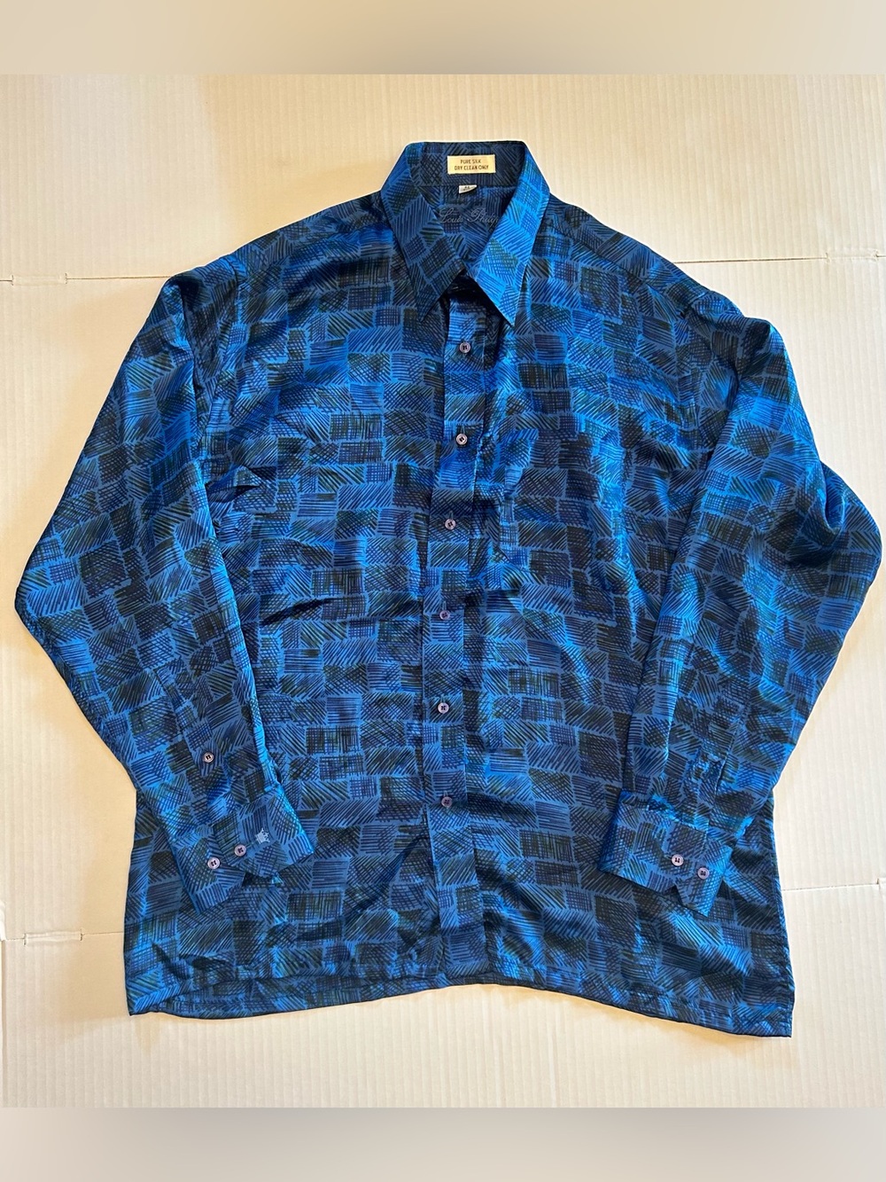 Louis Philippe Geometric patterned Blue Pure Silk Button-Up Shirt Mens 42 Large